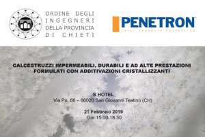 Convegno a CHIETI, in collaborazione con l'Ordine Ingegneri:<br /><strong>"CALCESTRUZZI IMPERMEABILI, DURABILI E AD ALTE PRESTAZIONI FORMULATI CON ADDITIVAZIONI CRISTALLIZZANTI"</strong><br />gioved&igrave; 11 aprile 2019